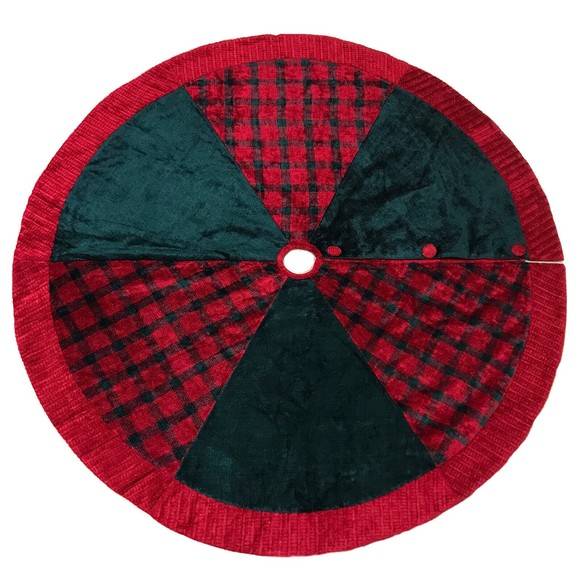 Christmas Tree Skirt 50" Red & Green Velour Knit Plaid Quilted Satin Reversible